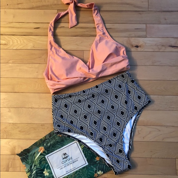 Cupshe Pink Twisted Halter Bikini, Geometric Print High Waisted Bottom - M - Picture 1 of 7